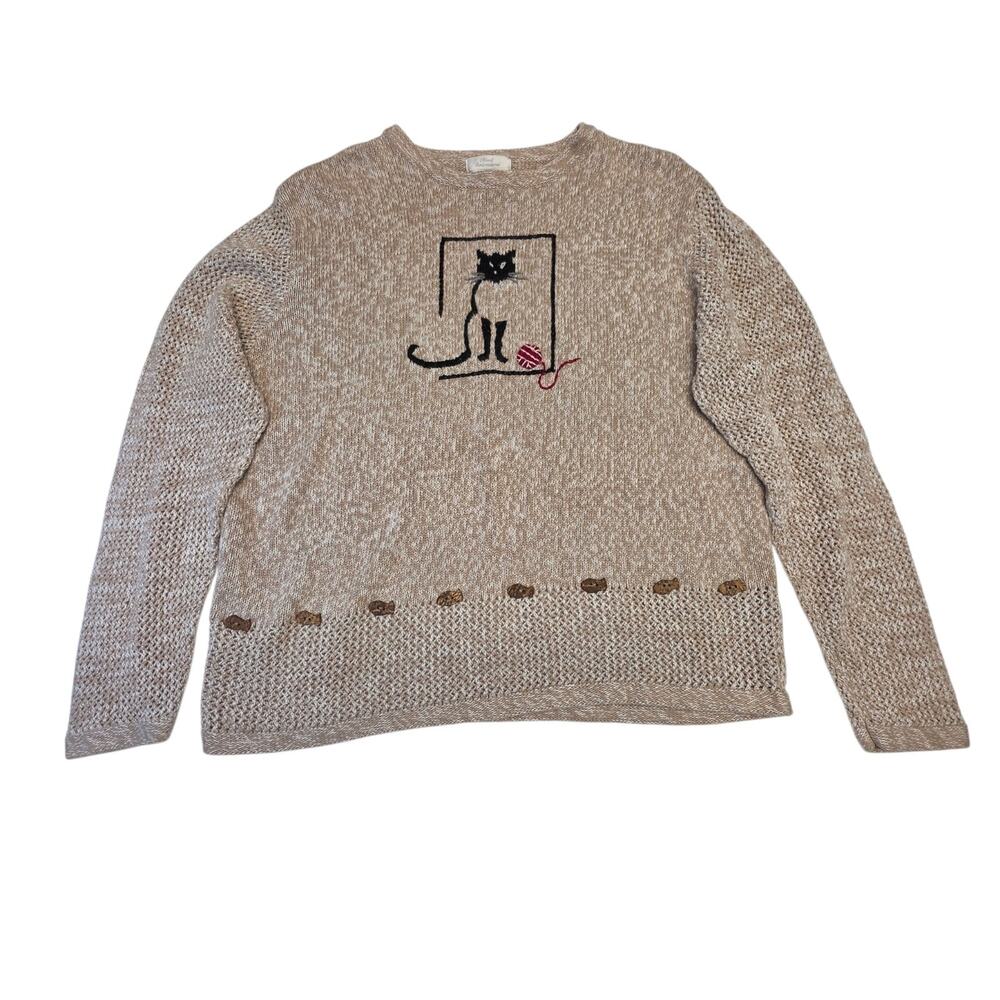 90s Women's XL Hand Knit Kitty Cat Embellished Knit Sweater Vintage Cottagecore